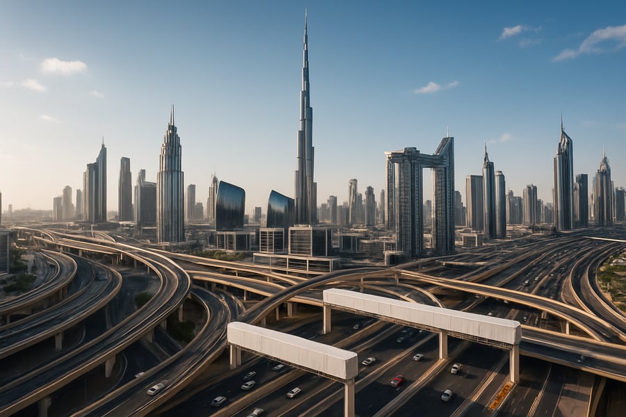 Dubai skyline with modern highways and toll gates Dubai skyline with modern highways and toll gates