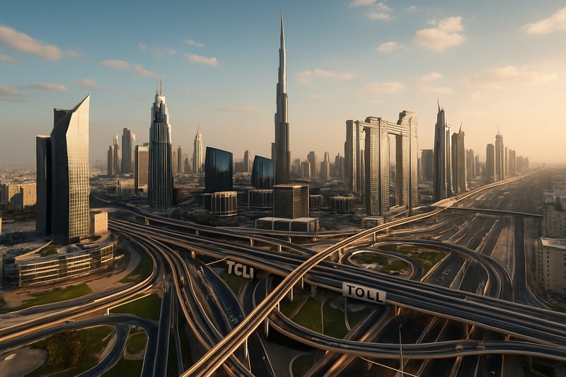 Dubai skyline with modern highways and toll roads Dubai skyline with modern highways and toll roads