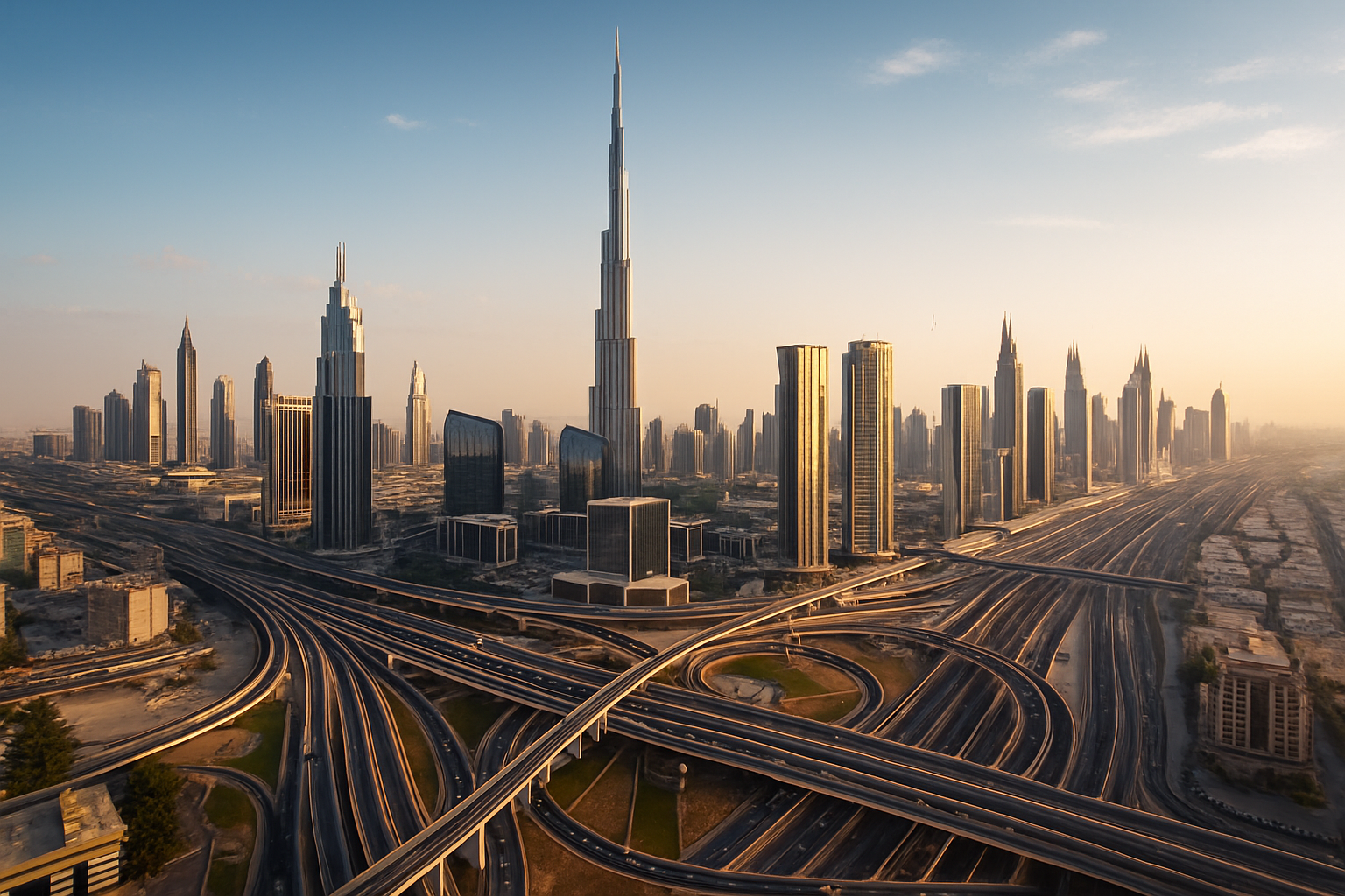 Dubai skyline showing key highways