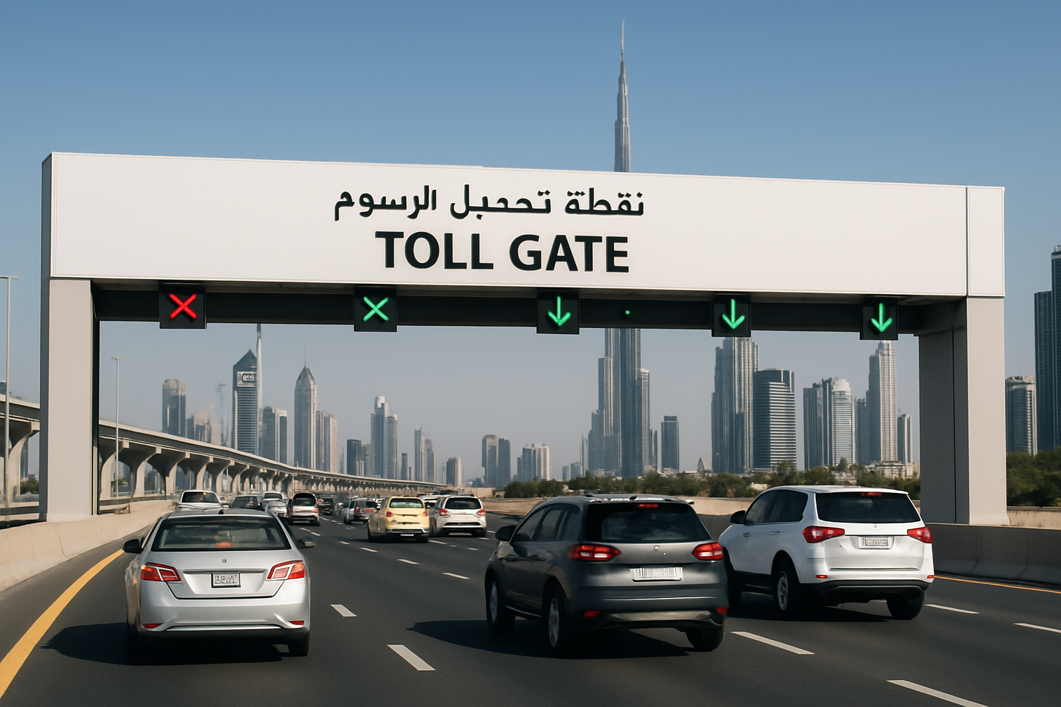 Toll gate with cars passing through in Dubai